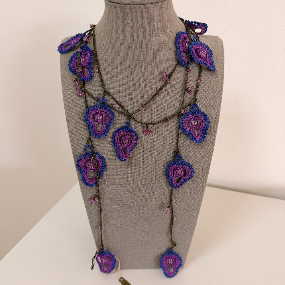 Collectable Traditional Turkish Oya Necklace Violet & Bright Blue